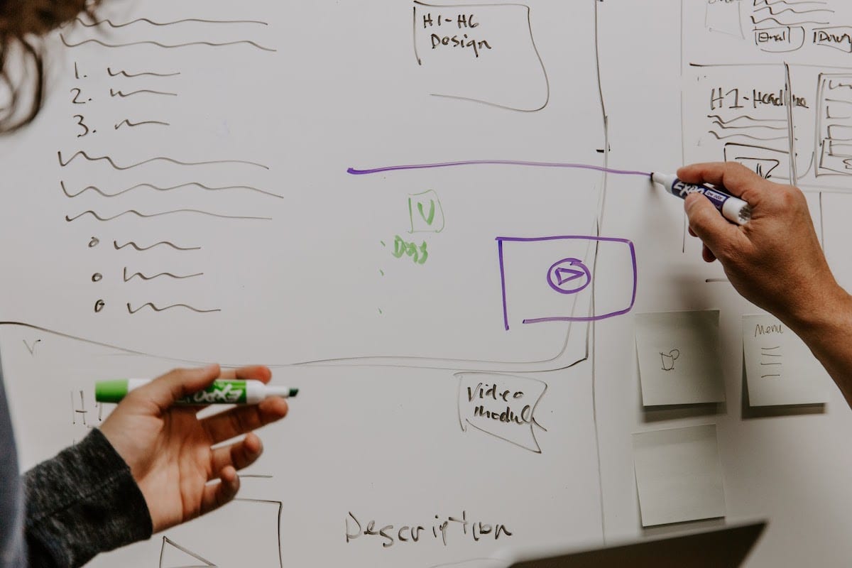 Two students sketching out a software design on a whiteboard using Agile practices.