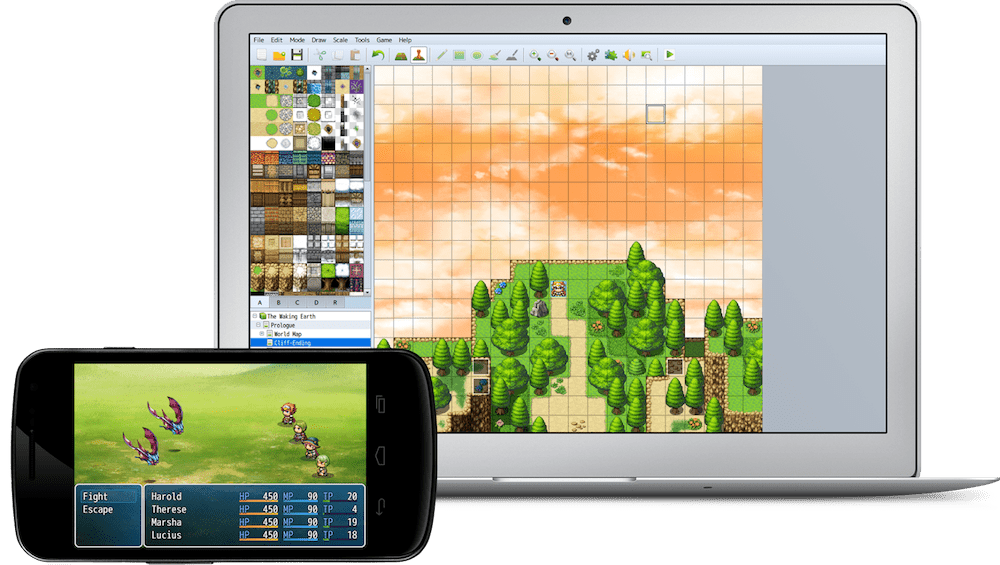 Graphics of a mobile phone and a laptop displaying 2D RPG games.