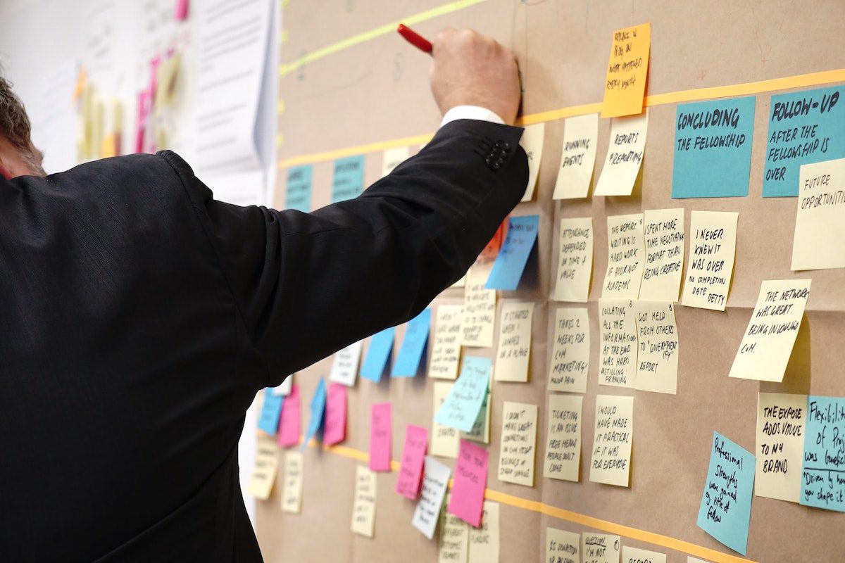 Manager making plans on a sticker board